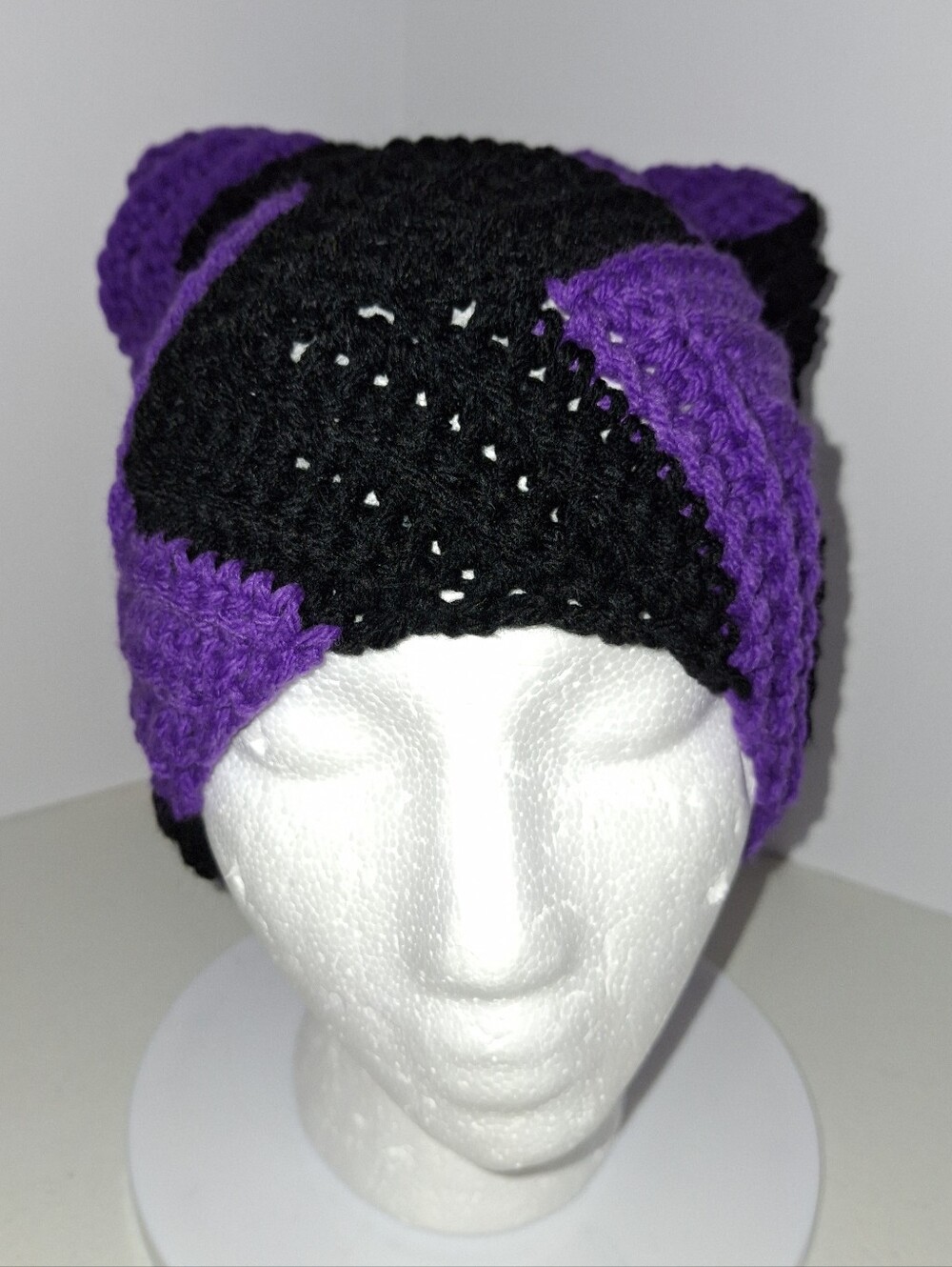 Beanie Cap Cat Ears Black And Purple Zigzag Crocheted Handmade Hat
